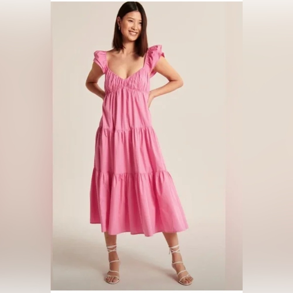 Abercrombie & Fitch Pink Tiered Midi Dress Flutter Sleeve Poplin Size L
